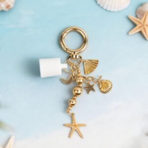 Summer Fridays 0.5oz Ocean Theme Keychain - Golden Starfish & Seashell Charms, Beach-Inspired Design, Perfect for Travel Essentials