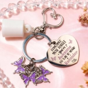 Summer Fridays 0.5oz Heart Reminder Keychain - Purple Butterfly Charm with ‘You’re Awesome’ Message