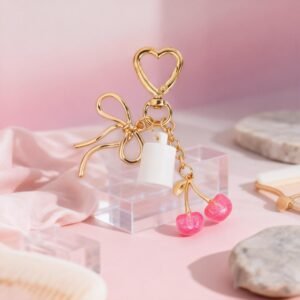 Summer Fridays 0.5oz Golden Heart Keychain with Bow & Cherry Charms - Premium Metal Design, Pink Cherry Accents, Perfect Gift for Her