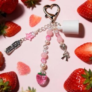 Strawberry Pink Beaded Lip Gloss Holder Keychain for Summer Fridays 0.5oz Leak-Proof Protective Cap Bag Charm with Heart Hook